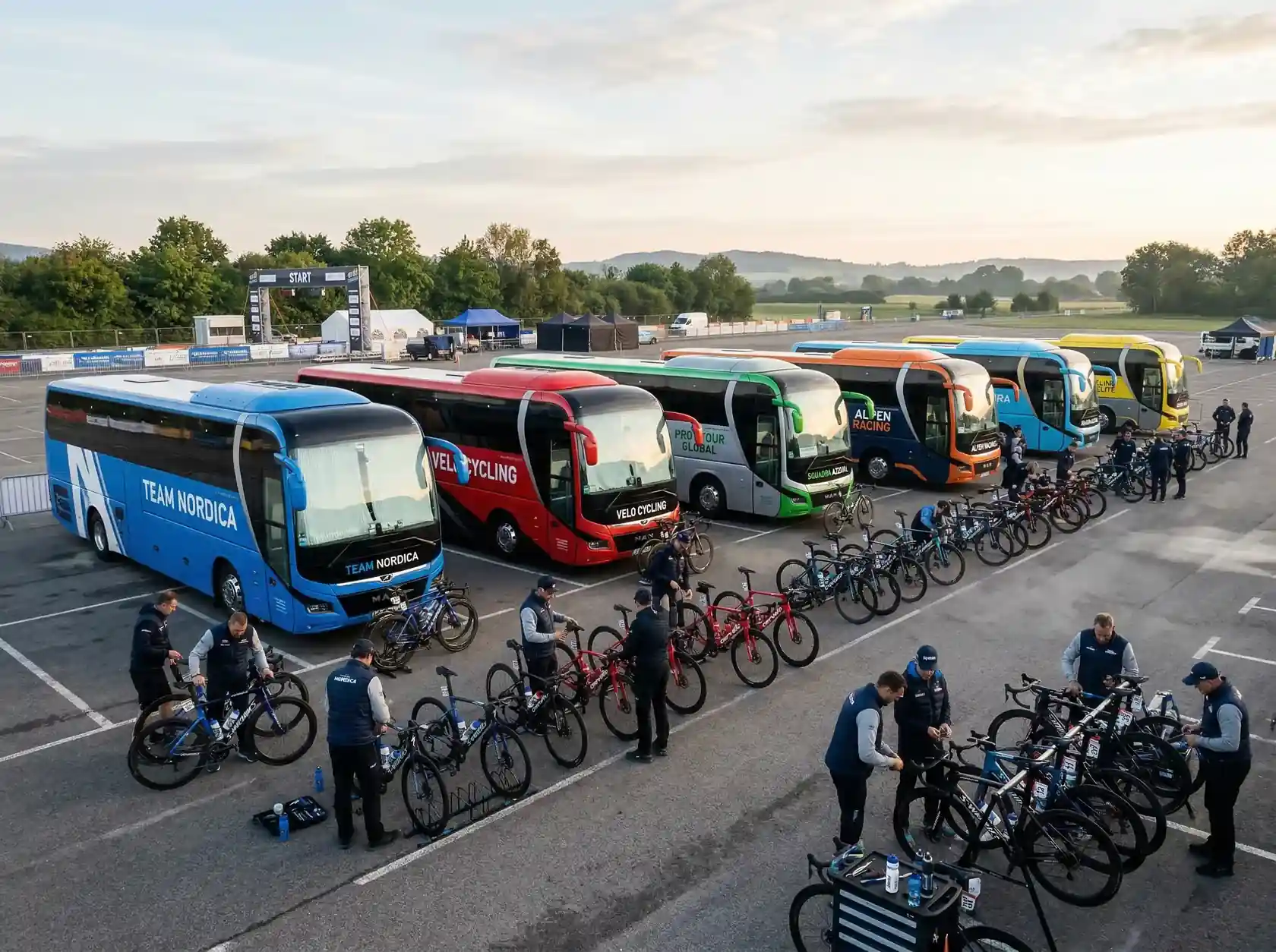 Autobuses de equipos ciclistas profesionales del WorldTour alineados antes de la salida de una etapa